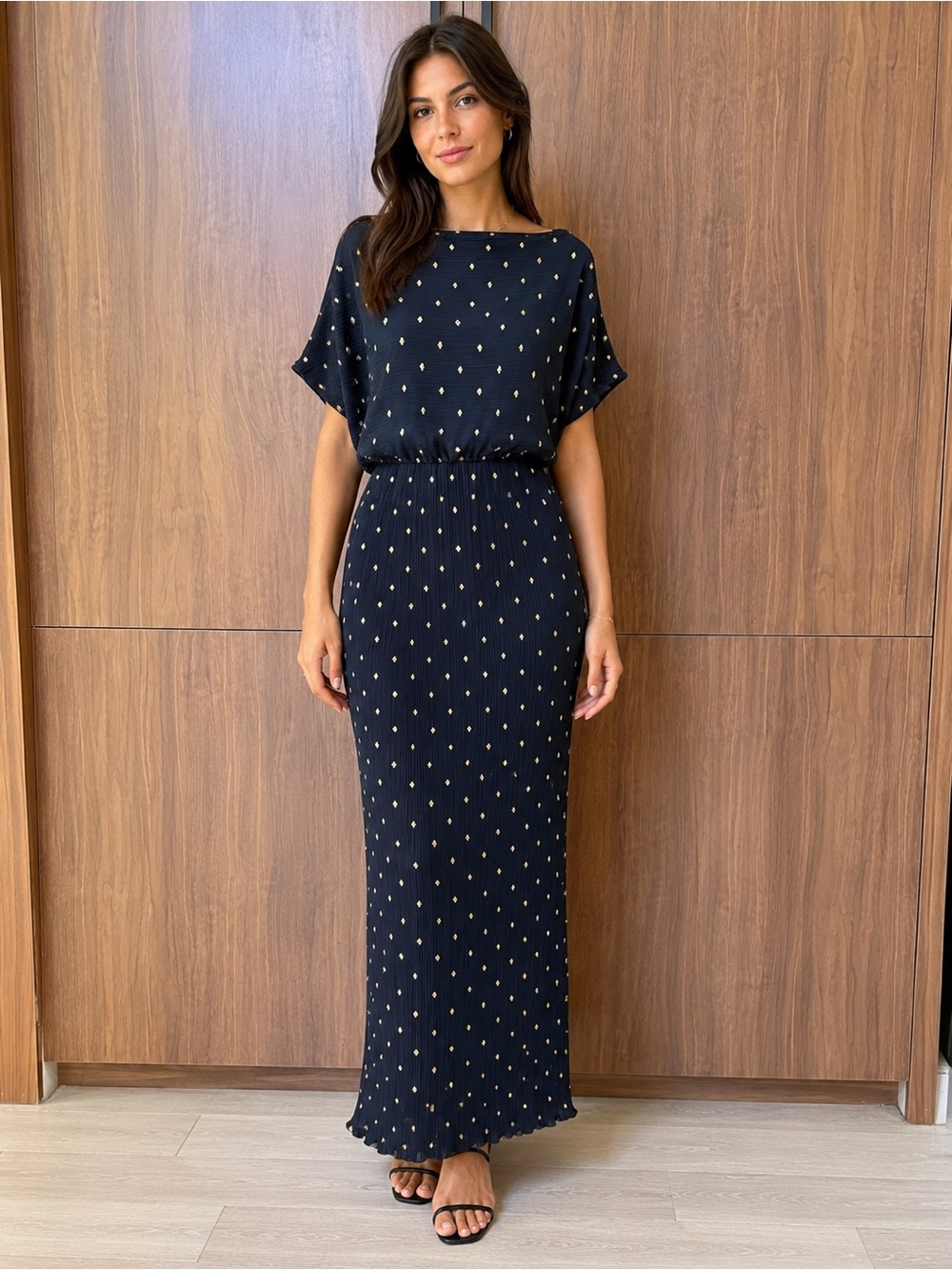 Never Fully Dressed- Black Maxi Dress with Gold Dot Print